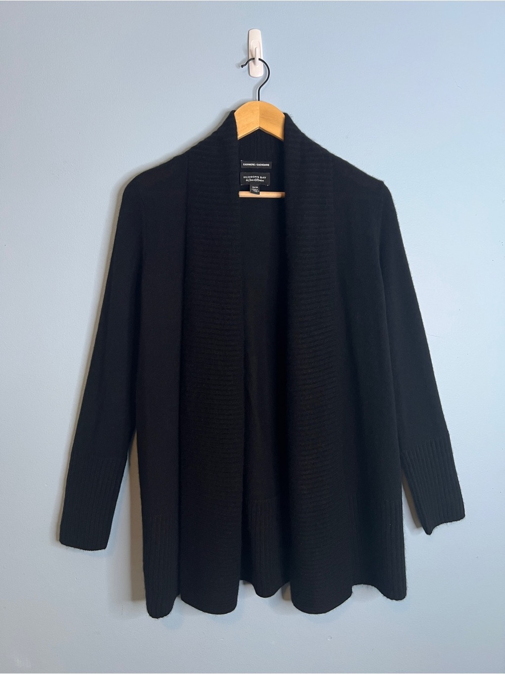 Hudson’s Bay Black Cashmere Open-Front Cardigan Size XS Wardrobe Capsule Piece
